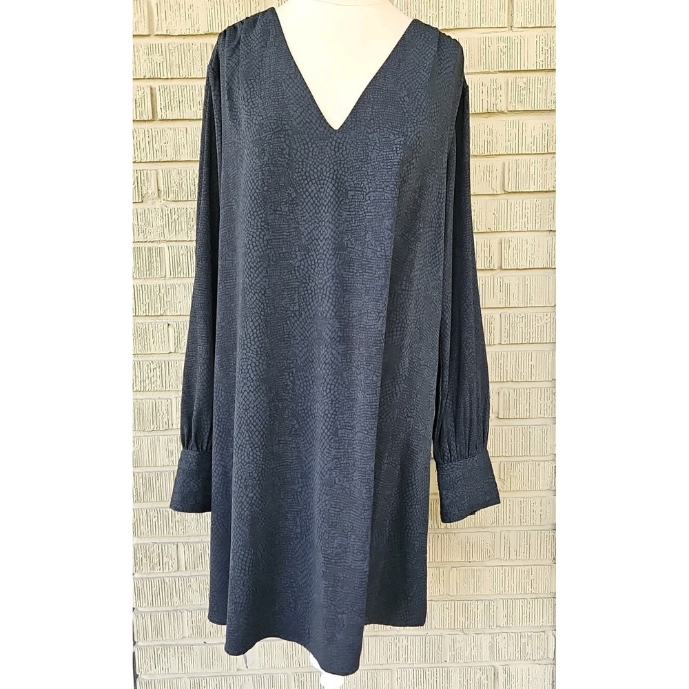 A New Day Women's Green Black V-neck Long-sleeve Flowy Shift Dress Size XL